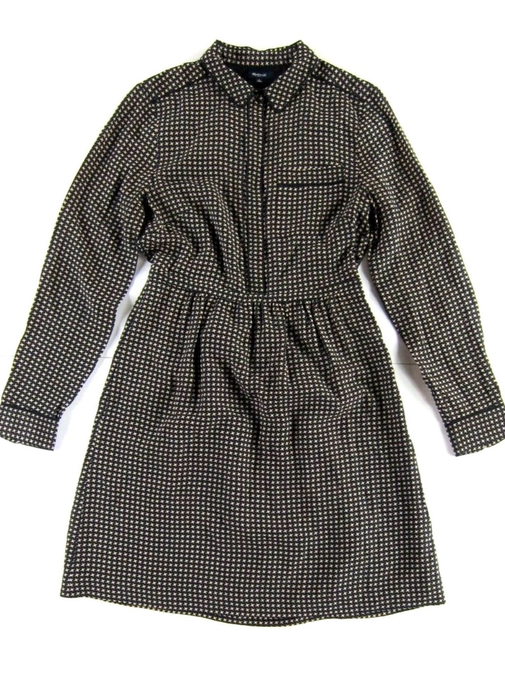 Madewell 100% Silk Collared houndstooth long Sleeve Pocket Shirt Dress 2